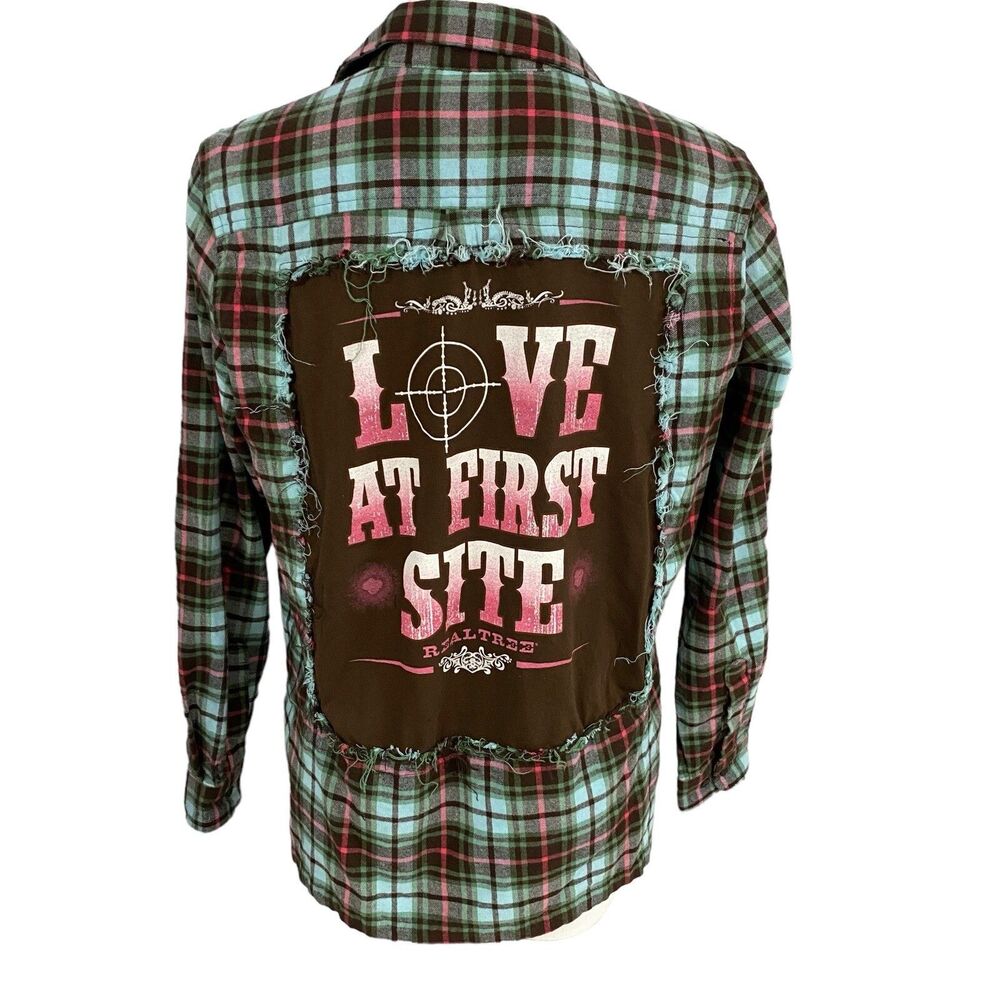 Upcycled Flannel Shirt Womens Large Shacket Hunting Green Country Grunge Camp - Picture 12 of 16